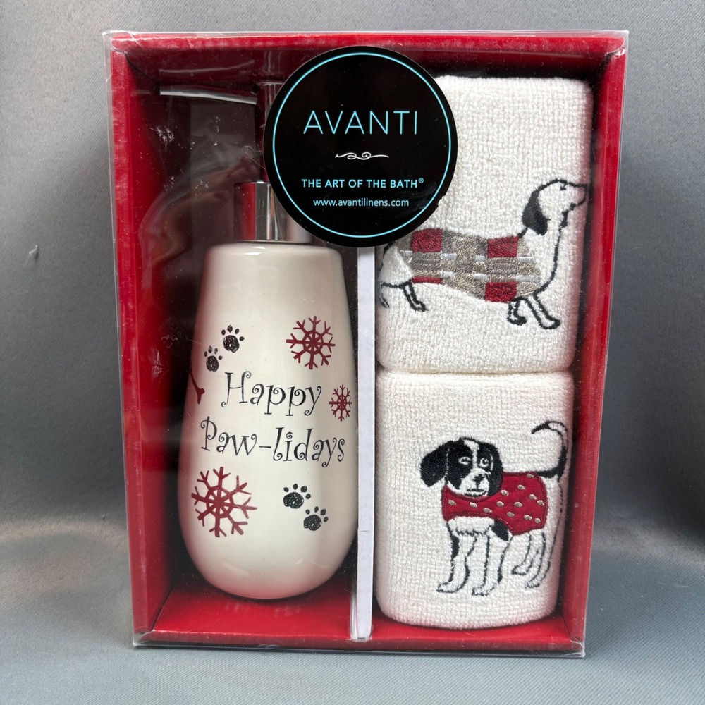 Avanti Happy Pawlidays Bath Set Dog Holiday 3pc Gift Set Fingertip Towels, Soap